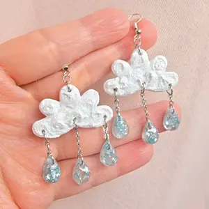 Cute Rainy Clouds Polymerclay Earrings with Sparkling Raindrops Design