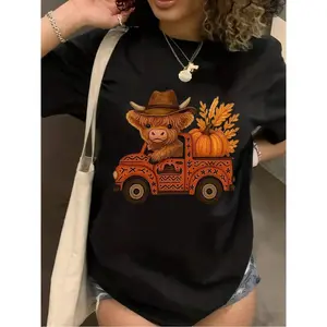 Women'S Halloween T-Shirt - Cute Highland Cow & Ghosts Graphic Tee With Pumpkin Lettering - Soft Breathable Shirt For Fall Costume Parties, Casual Everyday Halloween Outfits - Cute Cow Design Casual Top, Halloween Clothes, Seasonal Fashion, Festive Print