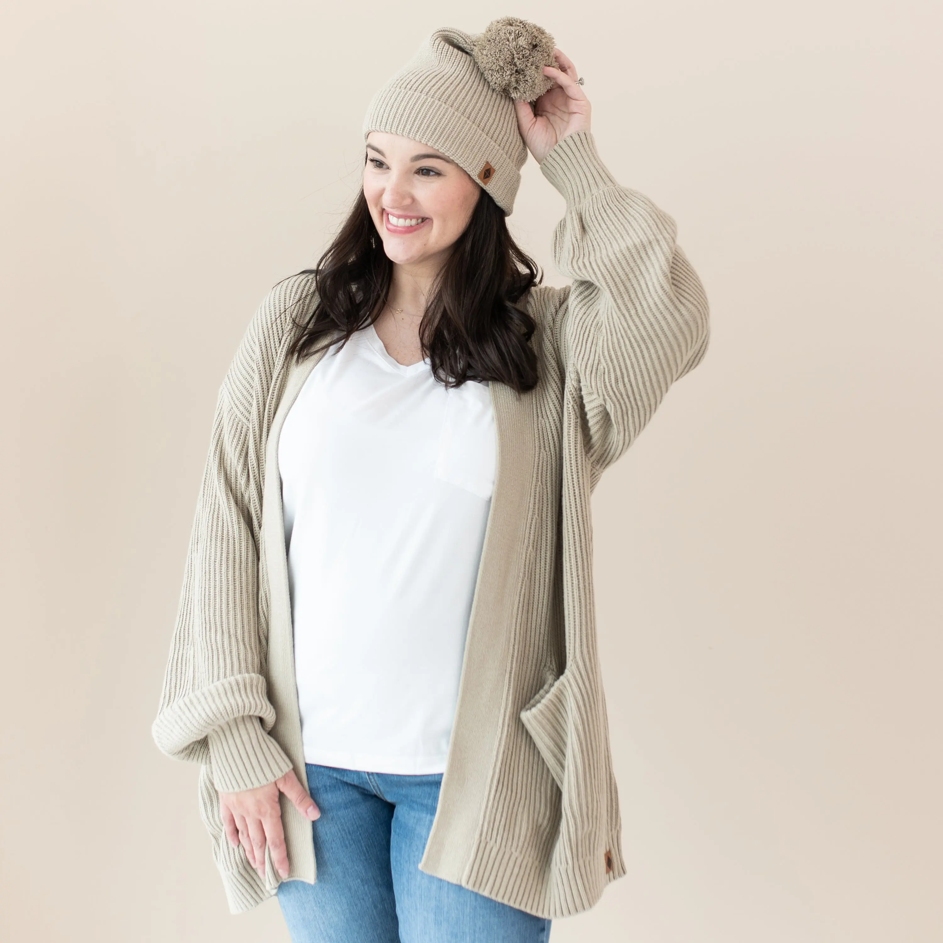 Women's Chunky Knit Slouchy Beanie, Soft and Stretchy Winter Hat with Pom Pom, Made from Bamboo Blend in Almond