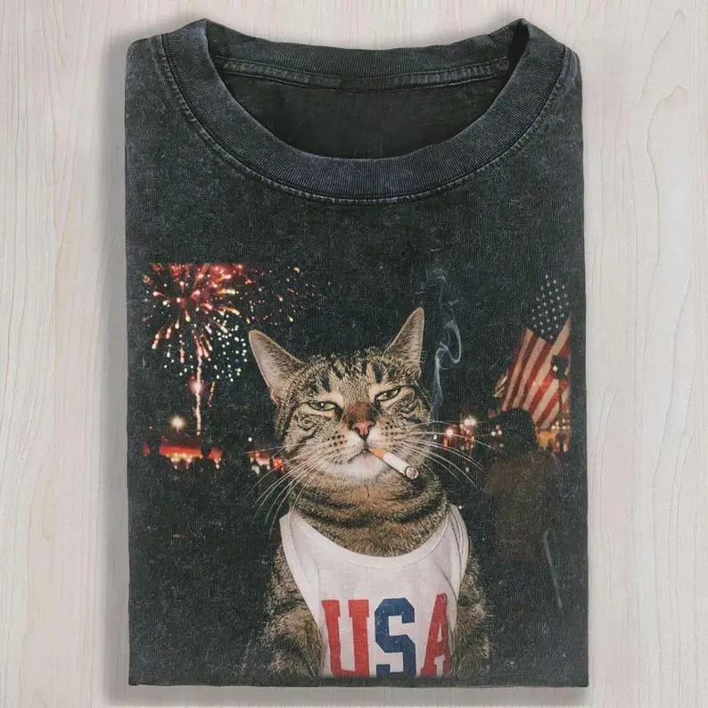 Comfort Colors Smoking Cat Shirt, Funny Cat USA Tee, America 250 Graphic T-Shirt, Patriotic 4th of July Shirt, Animal Lover Gift