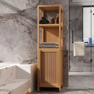 Bathroom Storage Cabinet, Bamboo Corner Shelf with Shutter Door and 2 Tier Shelves, Large Capacity Freestanding Linen Tower Cabinet Furniture for Bathroom, Living Room, Natural Bamboo