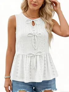 Women's Spring Summer 2026 New Design Fashion Casual Sleeveless Vest, Pure Bowknot Decorated Textured Fabric Top