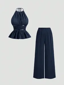2 piece Halter Neck Sleeveless Peplum Top with Wide Leg Pants，Elegant Daily Outfit