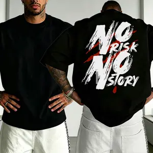 Men’s oversized double-sided cotton graphic T-shirt featuring a brushed texture, positive slogan, “no risk, no story” back print—an oversized cotton tee that is comfortable and breathable, street-style basic top for everyday wear, outdoor activities, and