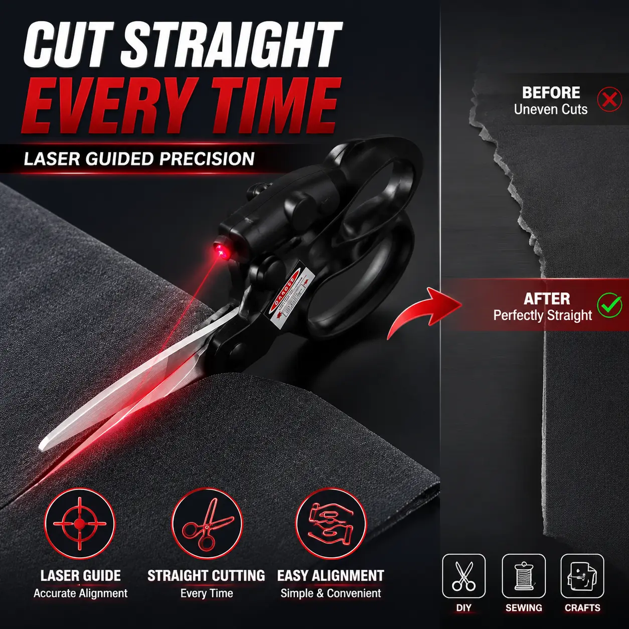 Laser Guided Scissors, Precision Fabric Cutting Tool with Red Laser Line, Stainless Steel Sewing Scissors for DIY Crafts & Home Projects