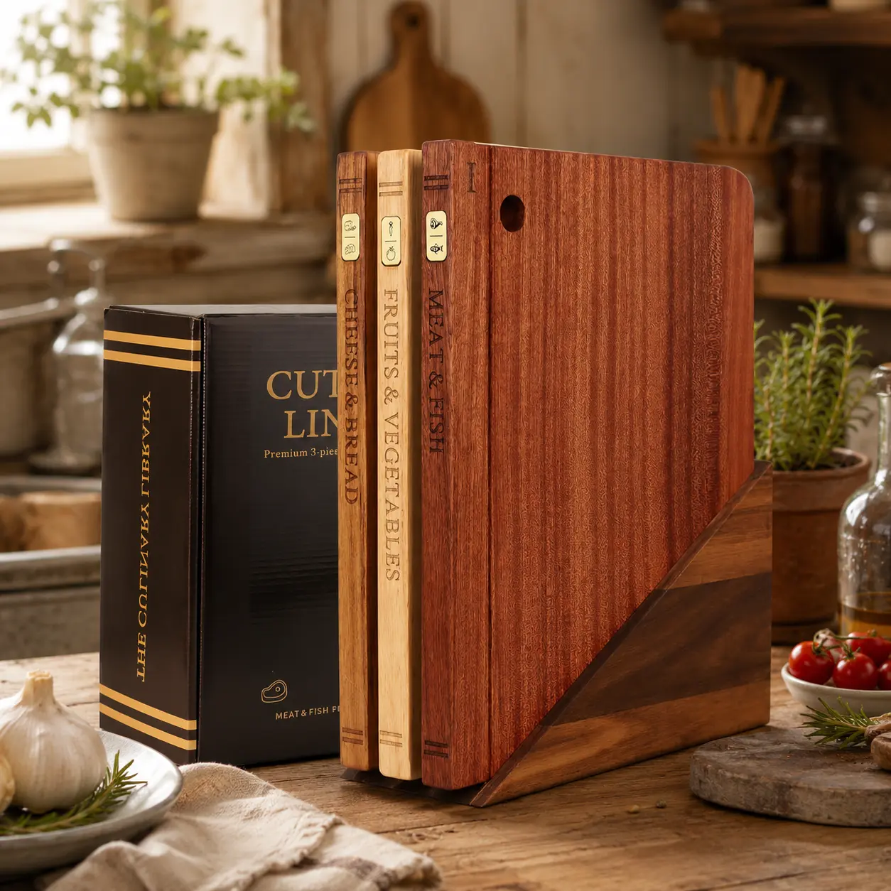 CRILEAL Premium Handcrafted Natural Wood Acacia Cutting Board Set of 3 - Durable Stylish Rectangle Book-Style, Space-Saving Vertical Surface for Chopping Vegetables, Meat, Dishwasher Safe Kitchen Supply, Luxury Housewarming Gift
