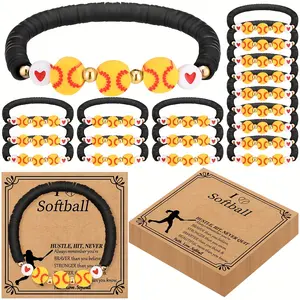 20 Sets Sports Softball Bracelets Team Gift Bulk Adjustable Bead Ball Charm Bracelet with Inspirational Card for Sports Softball Team Ball Lovers Players Gifts Birthday Party