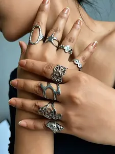 Vintage Silver Color Statement Rings Set, Unique Geometric Hollow Star Heart Shell Design, Titanium Steel Hypoallergenic Jewelry for Women