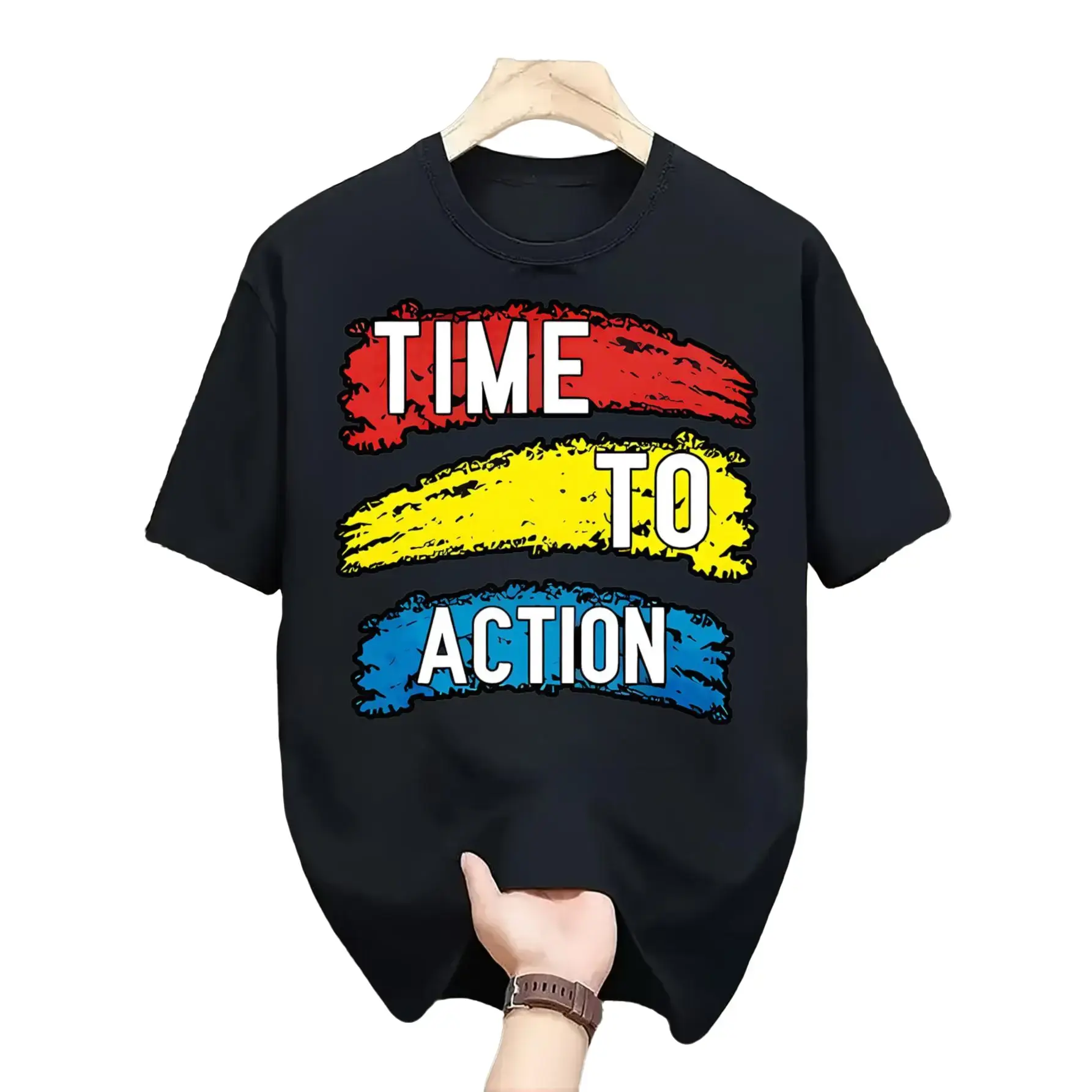 Casual Streetwear Style, Men's T-Shirt, Time To Action Graphic Print, Summer Daily Wear, Gift For Boyfriend Or Friend
