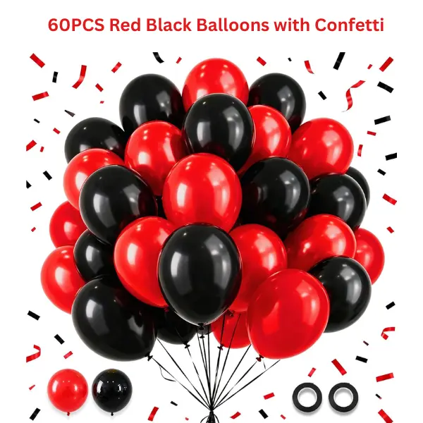 60PCS Red Black Balloons with Confetti 12 Inch Party Balloon Kit Birthday Halloween Decor Summer Gift Birthday Gift