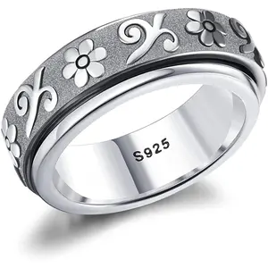 Fashionable 925 Sterling Silver Anxiety Ring for Women Men Platinum Plated Sterling Silver Band Fidget Ring Cross Flower Moon Star Spinner Ring Stress Anxiety Relief Item