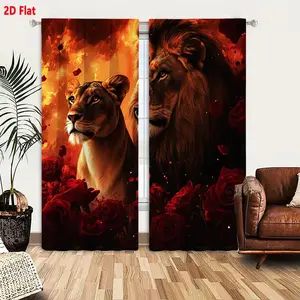 2D Flat 2-Pack Stylish Curtains, Artistic Lioness & Male Lion with Red Roses Fiery Sky Pattern, Darkening Blackout Curtains for Living Room Bedroom, Warm Ethereal Glow Design, Lush Roses & Swirling Flames Decor, Light Brown & Brown Mane Lions, Roma