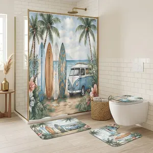 【Beach Theme】Shower Curtain Set – Vintage Van Surfboard Palm Tree Print Bathroom Decor, 4 Piece Bath Set with Mat Perfect for Beach House Coastal Style, Summer Vacation Home