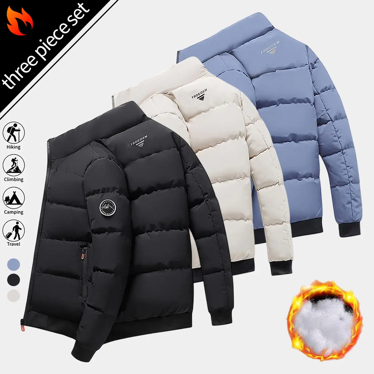 Men’s three-pack jackets, mature style, polyester fabric, stand collar, solid-color winter jackets with zipper details, thick