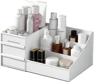 Minimalist White & Black Large Countertop Vanity Organizer with Drawers - Waterproof, Double-Layer Cuboid Container Organizer Storage for Men’s Cologne, Deodorant, Beard Care, Shaving Lotion, Skincare - Ideal for Bathroom Storage, Water Proof