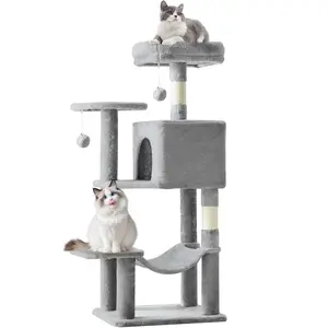Light Gray 44" Cat Tower for Multiple Cats, Multi-Level Condo with Platforms & Hammock, Stylish Neutral Design, 44 LBS Capacity