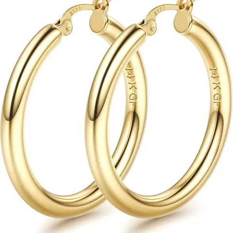 14K Gold Plated Chunky Huggie for Women, Sterling Silver Post & Hollow Tube Design, Hypoallergenic Lightweight Large Hoop Earrings, Hypoallergenic Hoops, 25/30/40/50/60/70MM