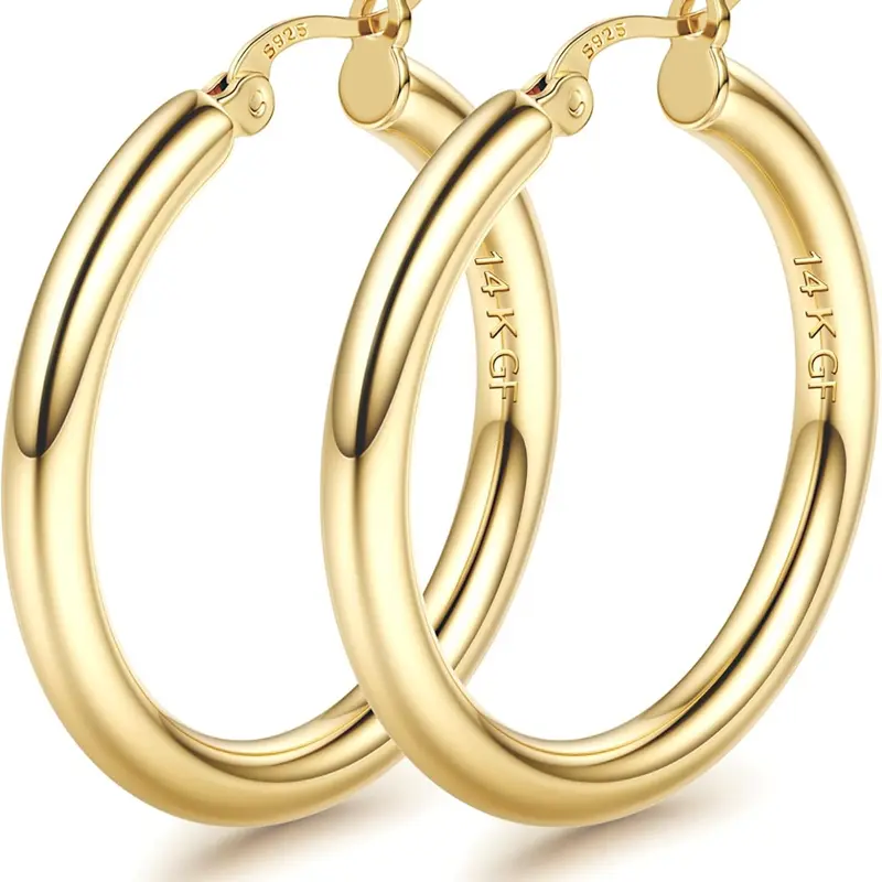 14K Gold Plated Chunky Huggie for Women, Sterling Silver Post & Hollow Tube Design, Hypoallergenic Lightweight Large Hoop Earrings, Hypoallergenic Hoops, 25/30/40/50/60/70MM
