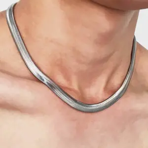 Long Stainless Steel Flat Herring Chain Necklace for Men and Women