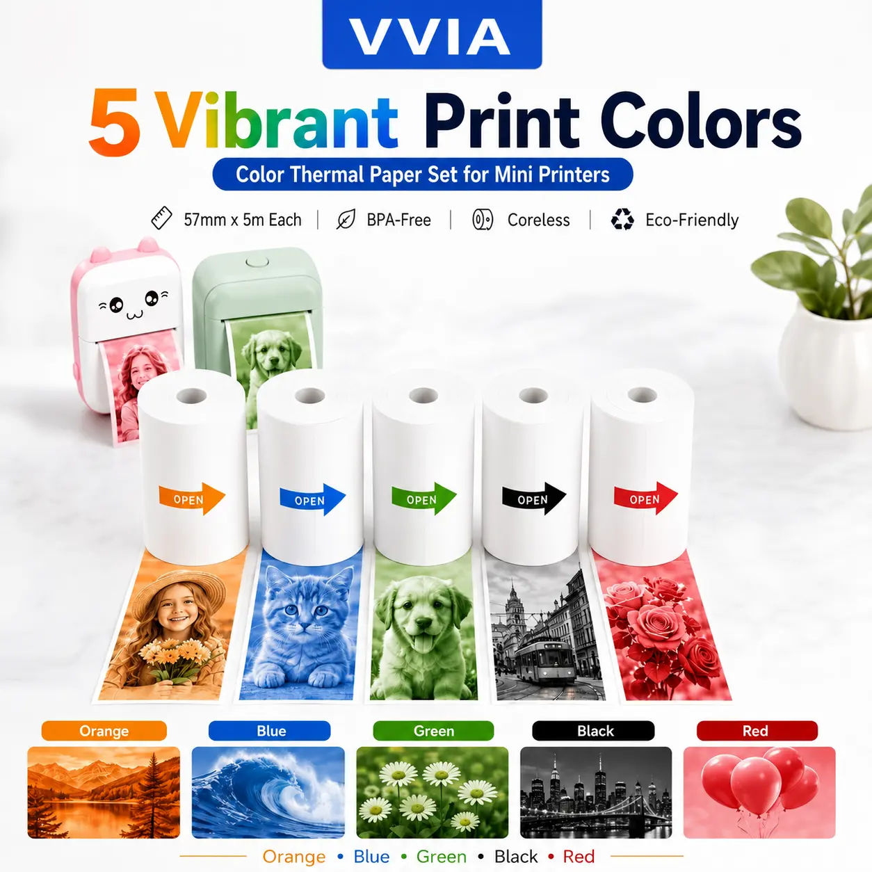 5 Rolls Eco-Friendly Bisphenol A (BPA)-Free Coreless Thermal Receipt Paper (57mm x 5m) for Business, Office Mini Pocket Portable Thermal Printers, Cameras