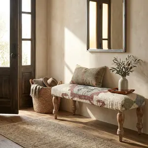 Athena Southwestern Beige/Red Kilim Jute Blend Upholstered Accent Bench