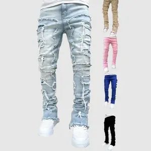 Men's High Cotton Y2K Frayed Patchwork Jeans, 5 Colors Retro Washed Stacked Slightly Flared Denim Pants with All-Over Raw Edge Distressing, Grunge Punk Streetwear Trousers for Men