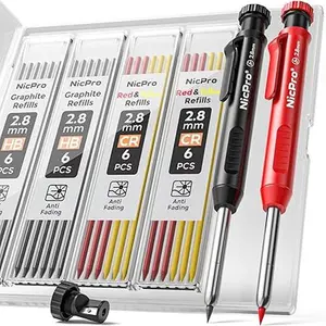 Carpenter Pencil with Sharpener, Mechanical Pencils Set with 26 Refills, Deep Hole Marker for Construction, Heavy Duty Woodworking Tools for Architect (Black, Red) - With Case