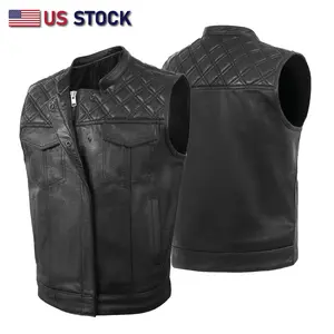 HL11693SPT Black Men's Cross Stitch Club Leather Vest with Double Diamond Stitching & Snap Pockets US Stock Menswear Stylish