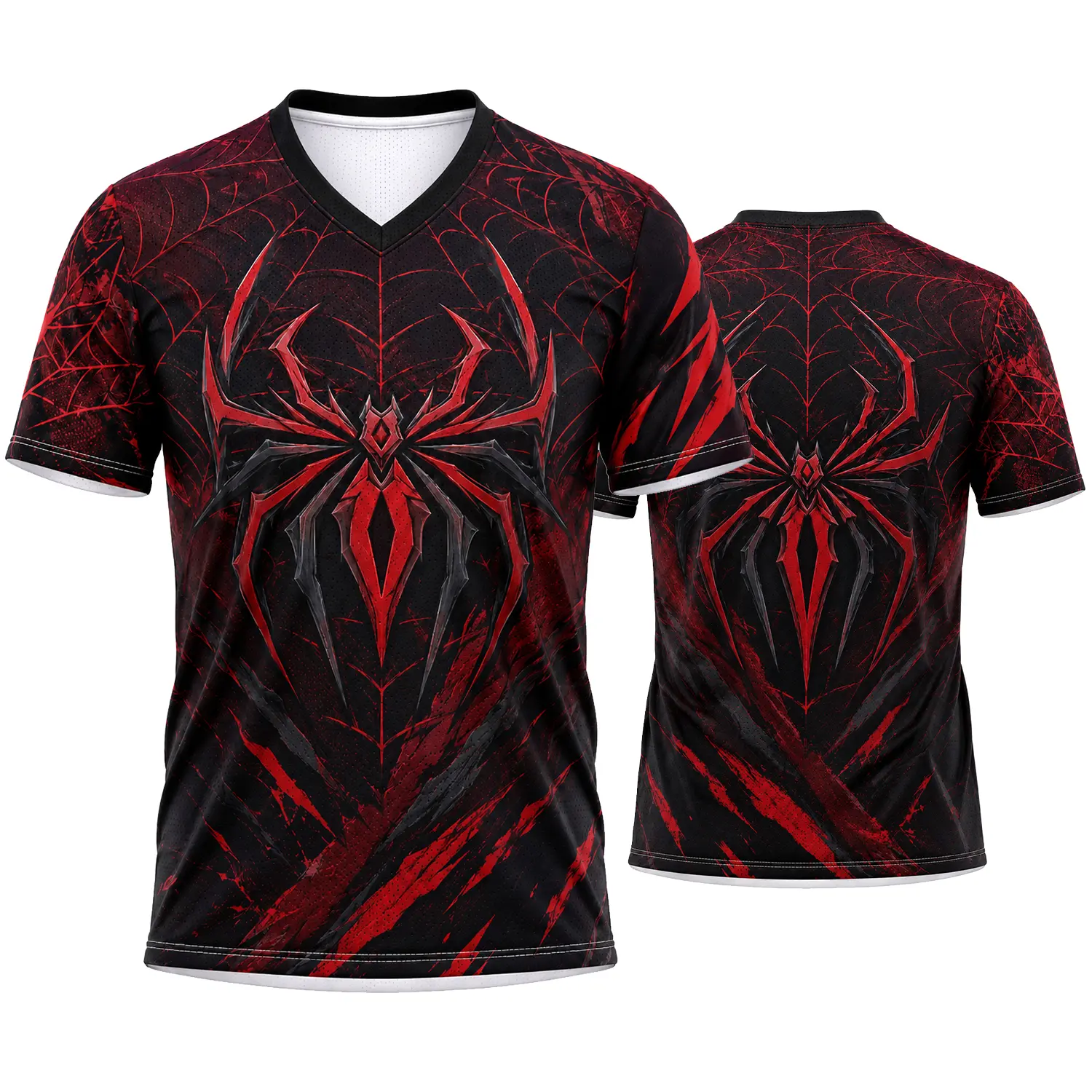 Red Black Spider Web V-Neck Athletic Shirt for Men Women, Geometric Spider Emblem Scratch Graphic Short Sleeve Gothic Casual Sports Top, Size S-5XL