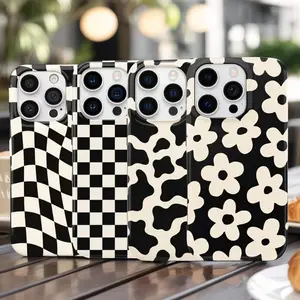 Black & Cream Aesthetic iPhone Case Set – Retro Checkered, Cow Print, Wavy & Floral Patterns| Trendy Protective Covers for iPhone 17–11