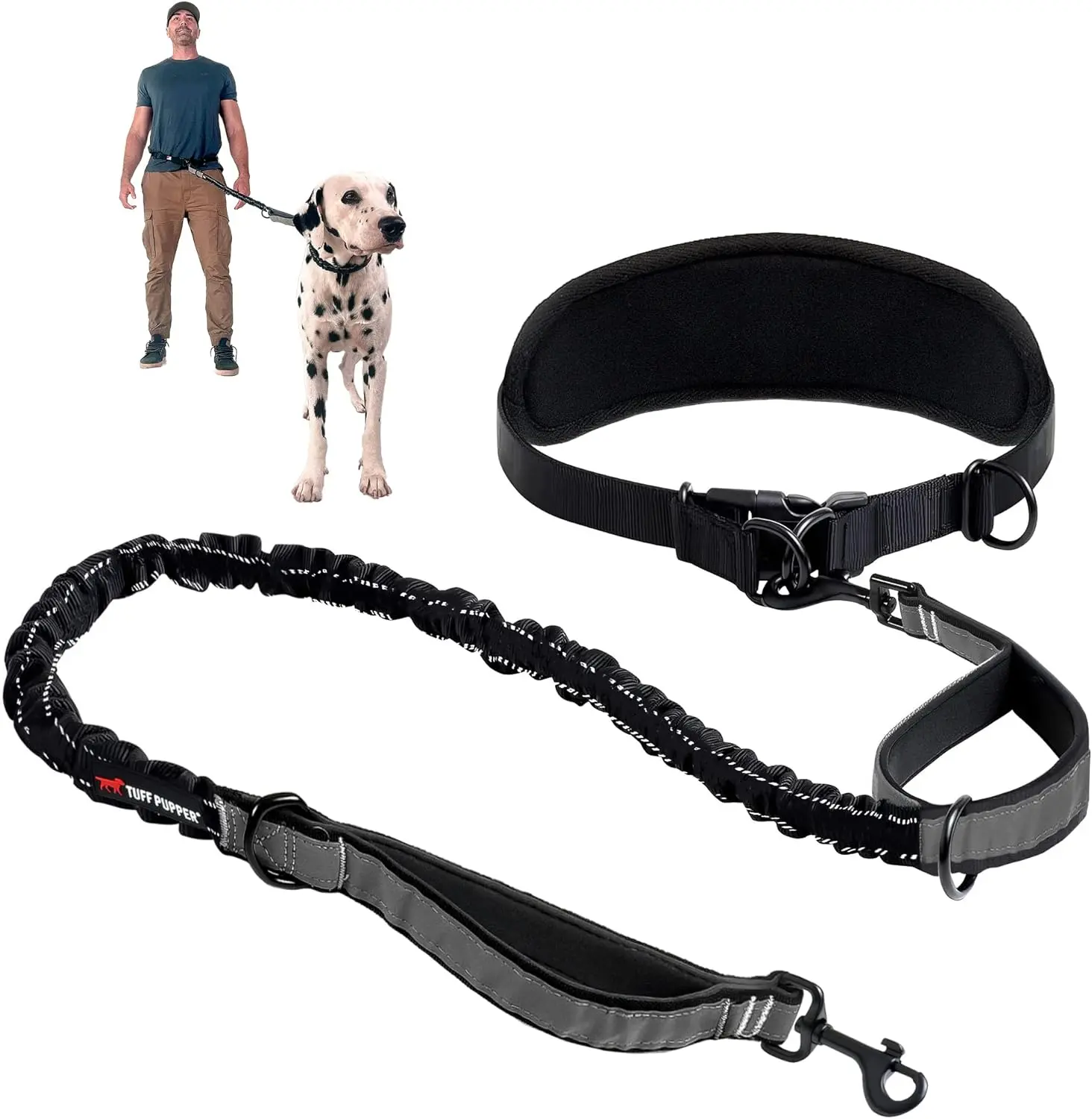Hands Free Dog Leash with Zipper Pouch, Shock Absorbing Bungee Waist Running Leash, Adjustable Reflective Waist Belt Dual Padded Handles for Small Medium Large Dogs Walking Jogging Hiking Black