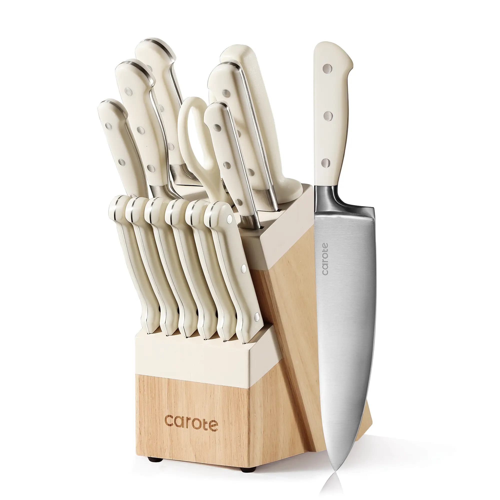 [Official] 14 Pieces Knife Set with Block, Forged, High Carbon Stainless Steel Sharp Blade Block Knife Set, Dishwasher Safe Cutlery, Linen White Knife