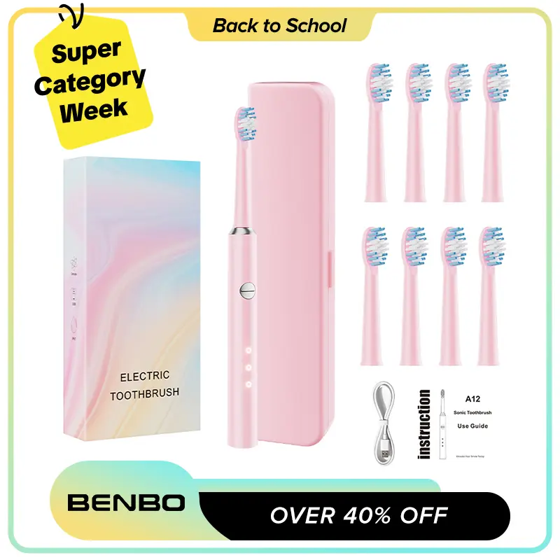 Adult Rechargeable Electric Toothbrush, Pink, with 8 DuPont Brush Heads, 3 Cleaning Modes, 3 Intensity Levels, IPX7 Waterproof, 30-Day Battery Life, Travel Case,back to school,back to school haul
