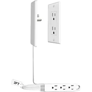 Ultra Flat Plug Extension Cord Power Strip with 3 Outlets, Detachable Ultra-Thin Outlet Cover Concealer & Ultra-Flat Plug, Max. 13A 125V 1625W ETL Listed, White Color