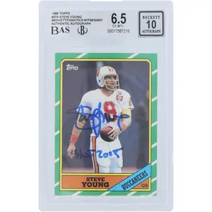 Steve Young Tampa Bay Buccaneers Autographed 1986 Topps #374 Beckett Fanatics Witnessed Authenticated 6.5/10 Rookie Card with "HOF 2005" Inscription - Fanatics Authentic Certified