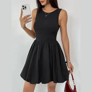Woman's Black Sleeveless U-Back Open Back High Waist Mini Dress, Stretchy Breathable Anti-Wrinkle Easy Care Waist-Cinching Bubble Hem Hide Fats Leg-Lengthening Flattering Versatile Dress for Daily Dating Party Campus Outing