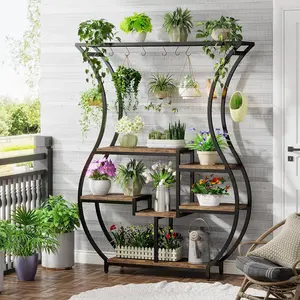 Tribesigns 6-Tier Plant Stand, 70.9 Inch Tall Plant Shelf with 10 Hanging Hooks, Vase Shape Ladder Plant Stand, Multi-Purpose Plant Display Rack for Indoor, Balcony, Living Room, Rustic Brown Metal Organiser Accessory Baking Paint Standing Hangable