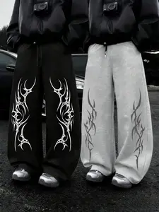 2-Pack Cyber Tribal Oversized Sweatpants Bundle – Black & Heather Grey, Extreme Metal Streetwear Aesthetic, Casual, Soft Fleece Fabric, Relaxed Baggy Fit, Perfect for Alternative Style Fans, Durable High-Quality Print, Ideal for Daily Rotation, Clothes