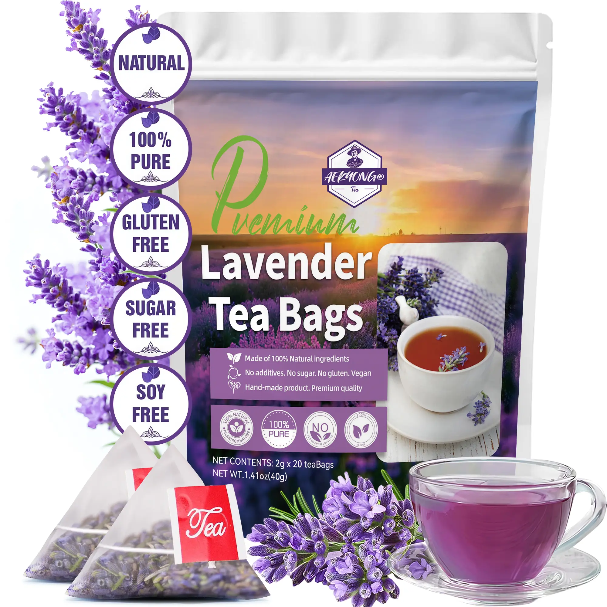 Lavender Flower Tea Bags, 100% Natural & Pure from Lavender Flowers. Loose Flower Lavender Herbal Tea. Lavender Flower Tea. No Sugar, No Caffeine, No Gluten, Vegan.