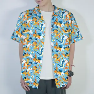 Dragonite Hawaiian Casual Button-Up Hawaiian Shirt, Gift Option Men's Short-Sleeve Hawaiian shirt, Gift for Anime Fans, Tropical Cute Pattern Matching Unisex Summer Beach Outfit, Summer Vacation Wear