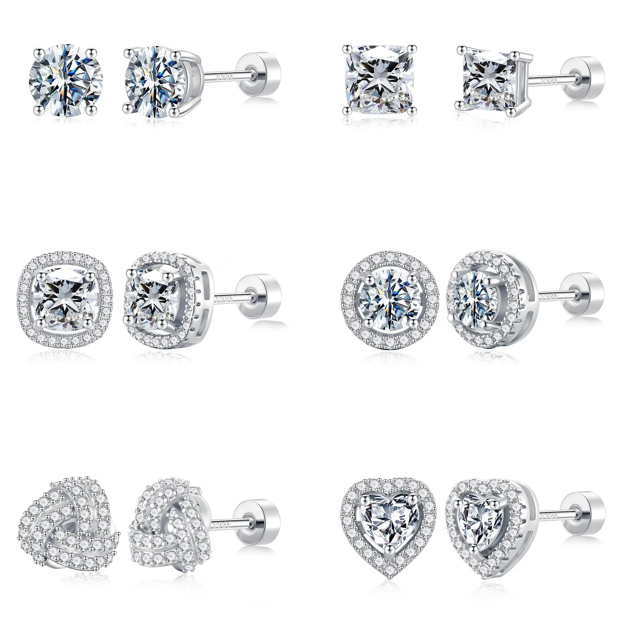 Turandoss Women's 6-Piece Earrings Jewelry Set, 925 Sterling Silver Gold-Plated CZ Diamond Crystal Studded Flat-Back Stackable Everyday Minimalist Earrings, 6-Piece Set Earrings