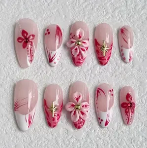 Bold Floral Press On Nails, 3D Flowers, French Tips Nail Art, Pink Nail Set, Almond Nails Perfect for a Glamorous Spring Look, Birthday Gift Satamiis