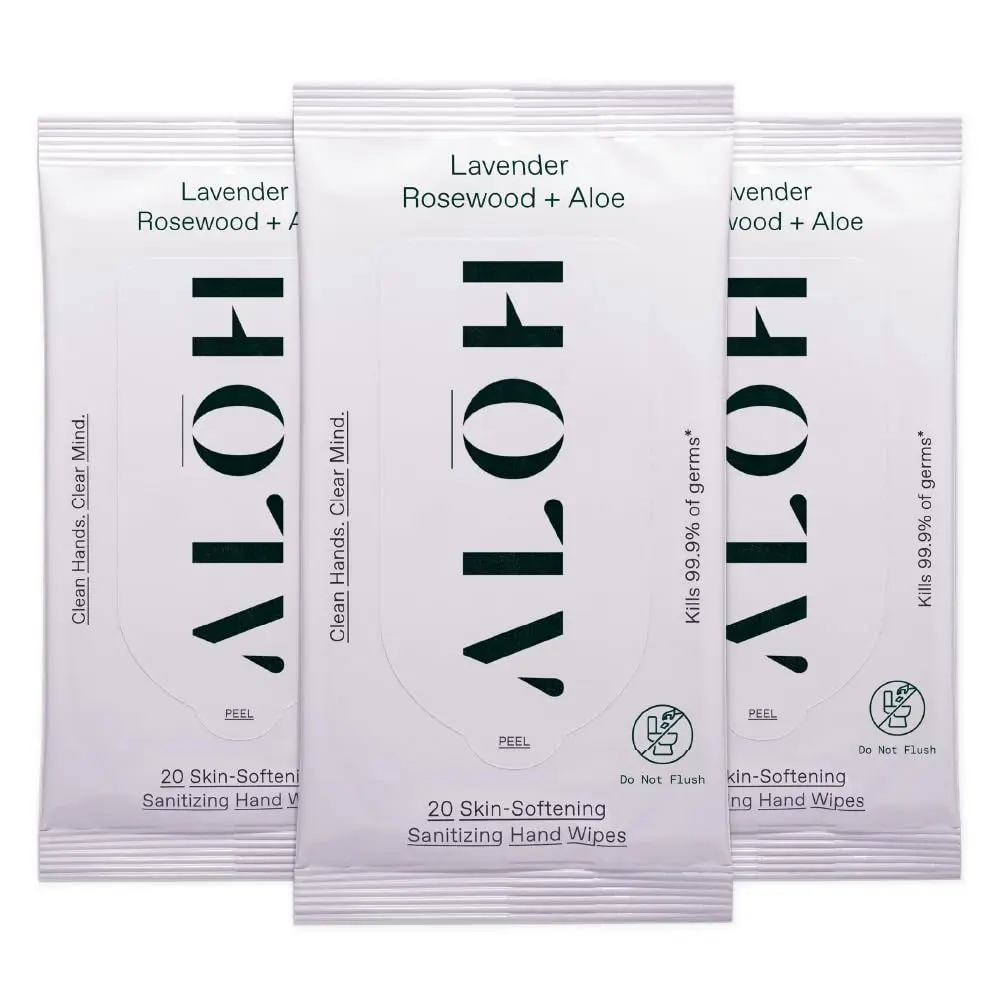 ALOH Hand Saniting Wipes, 60ct Lavender Rosewood with Essential Oils - 99.9% Germ Protection, Woody Smoothing Moisturizing Hand Care Wipes