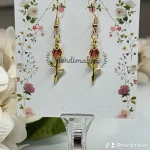 Nerdimaker Gold Rose Earrings with Red Gemstone - Elegant Floral Design for Women's Fashion