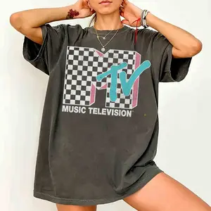 MTV Neon Distressed Checkered Logo Graphic T-Shirt, Retro 80s & 90s MTV Family Matching Tee, Vintage MTV Music Television Shirt