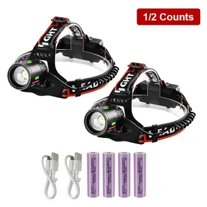 Rechargeable Headlamp, 1/2 Set Bright Rechargeable Head Lamp, Zoomable Headlamp with Warning Light & Fluorescent Light Bar for Mountaineering, Fishing & Working