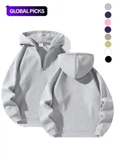Men's Plain Half Zip Drop Shoulder Essentials Hoodie, Regular Fit Fitted Casual Comfy Fit Long Sleeve Hooded Sweatshirt for Fall & Winter, Men's Clothes for Daily Wear