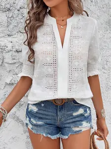 A women's solid color v-neck puffy sleeve mid-sleeve lace knitted ballerina lace top, Womenswear, suitable for summer, suitable for casual, seaside vacation, dating party.