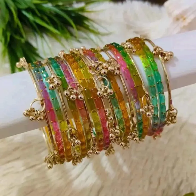 Kashmiri 12 Piece Multicolor Raindrop Glass Bangles Set with 8pcs Gold Ghungroo Bracelet for Women