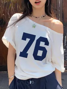 Women's Number Print Asymmetrical Neck Tee, Y2K Casual Printed Drop Shoulder Short Sleeve T-shirt for Daily Wear, Casual Fashionable Top, Ladies Clothes for All Seasons